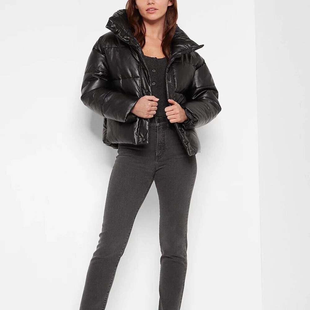Express Faux Leather Puffer Jacket Black Sz Medium